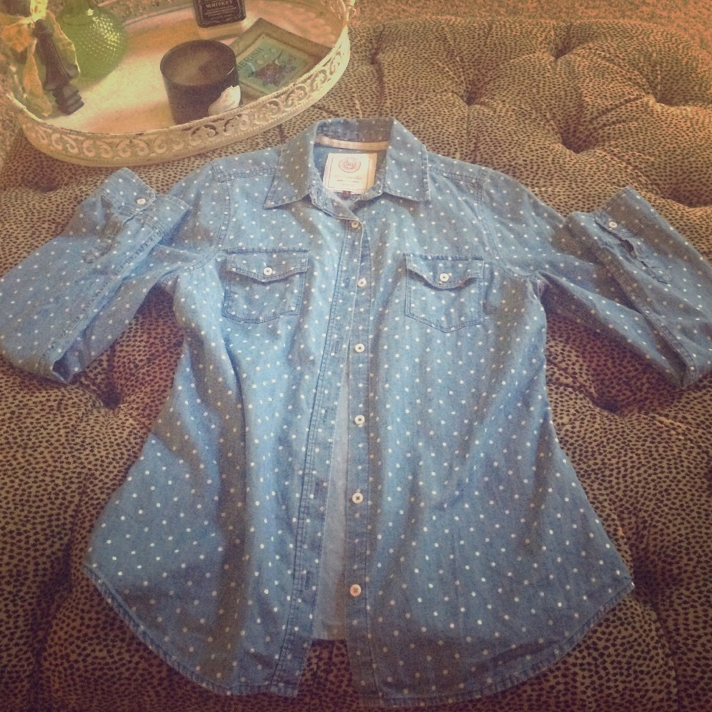 Button down chambray shirt with polka dots